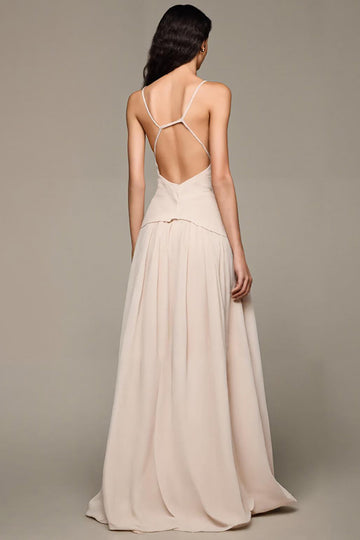 Apricot A-Line V-Neck Long Evening Dress With 3D Flowers